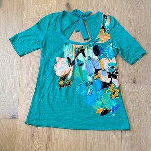 Anthropologie Green Floral Scoop-Neck Tie-Back Women's Short Sleeve Top size S